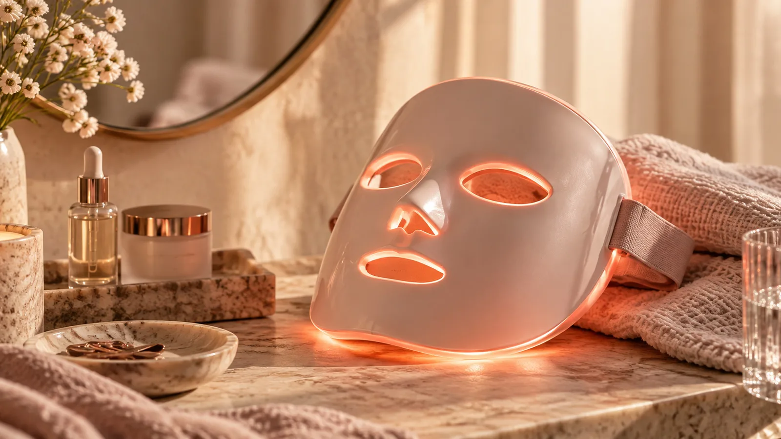Generisk LED-mask i en varm och exklusiv hudvårdsmiljö