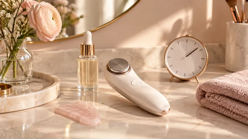 Generisk beauty tech-enhet med timer, serum och handduk