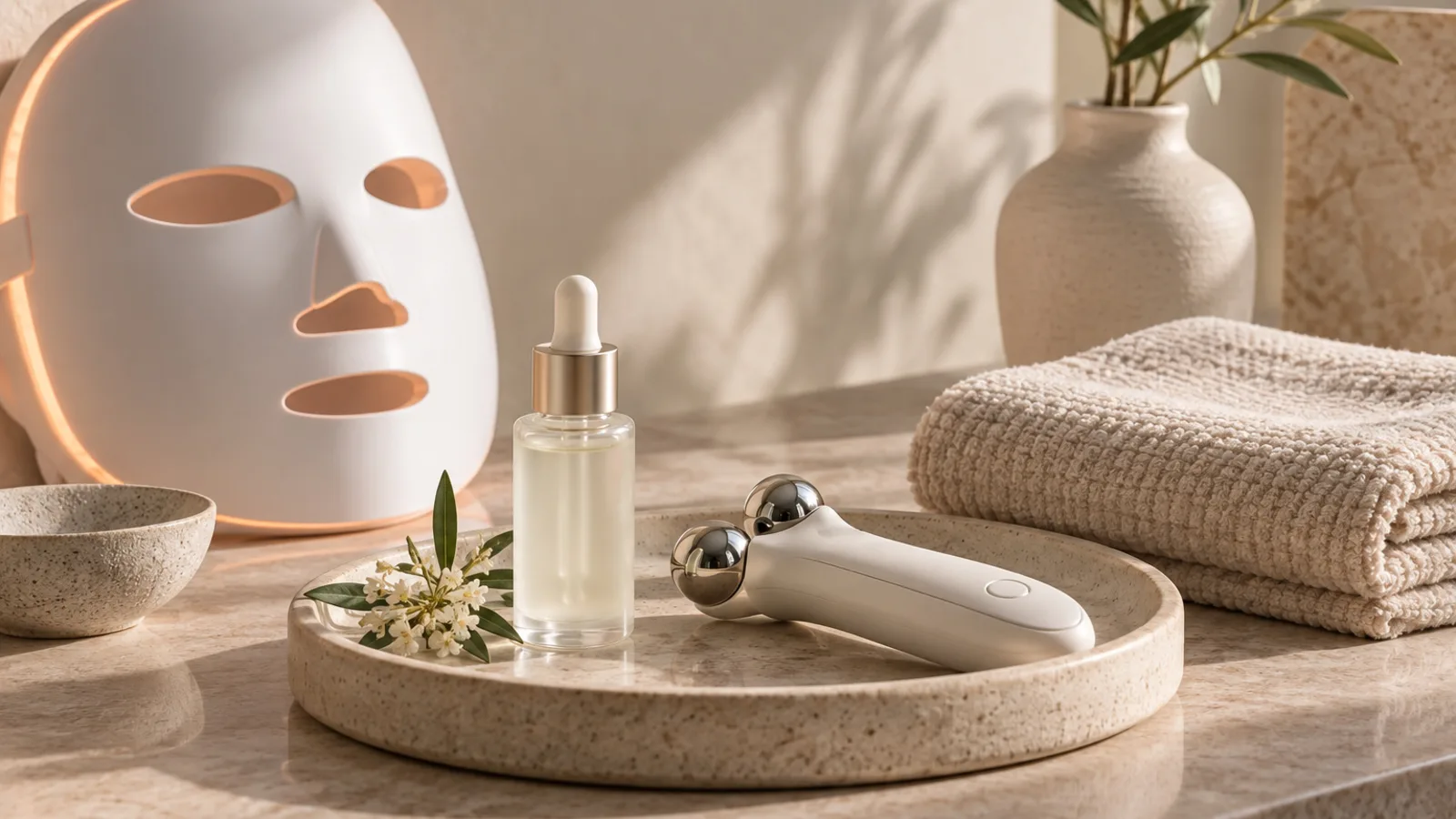 Generiska beauty tech-enheter och hudvård på en ljus bricka