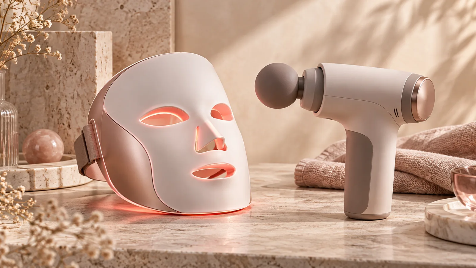 Generisk LED-mask och massagepistol sida vid sida