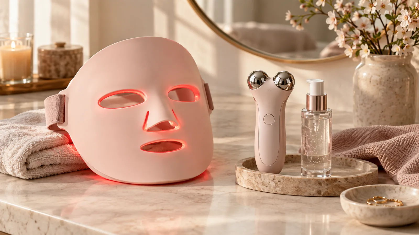 Generisk LED-mask och microcurrent-enhet i en varm beauty-rutin