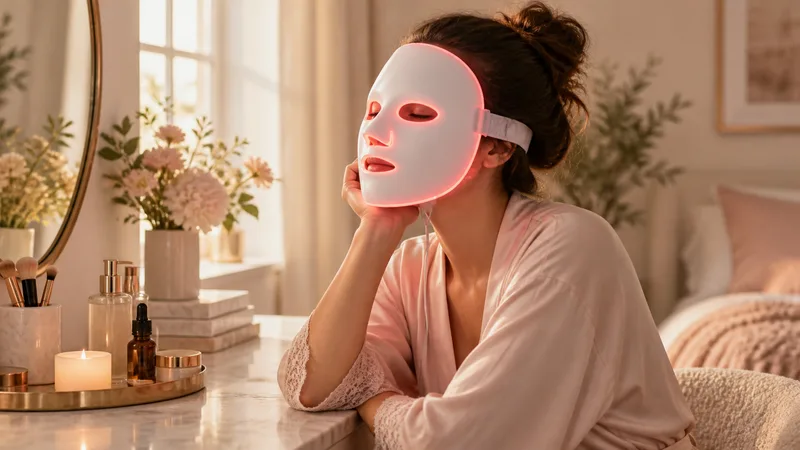 Kvinna använder en generisk LED-mask i en lugn hemmamiljö